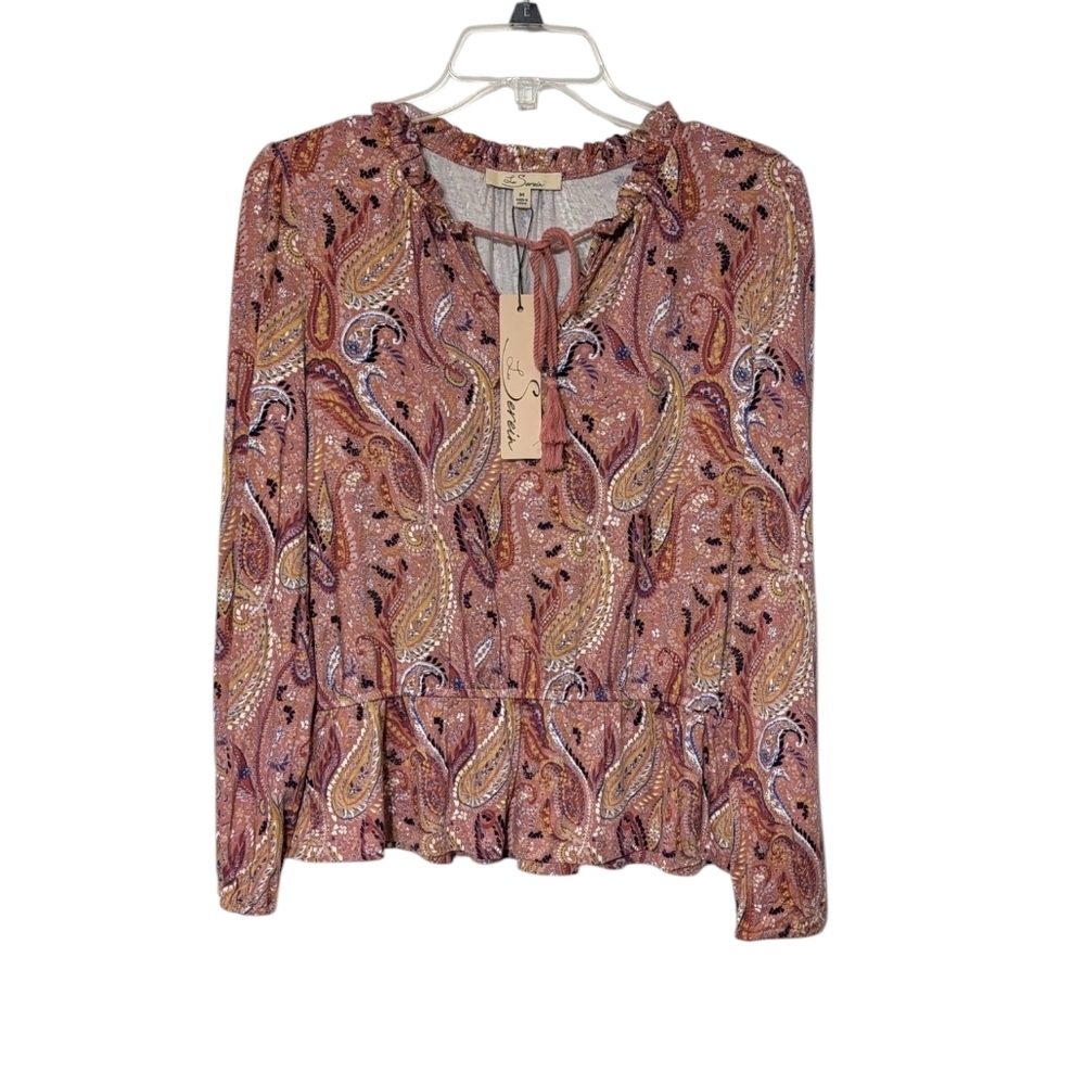 Les Serein Pink Paisley Print V-Neck Tassle Tie Front Women's Boho Top Size M